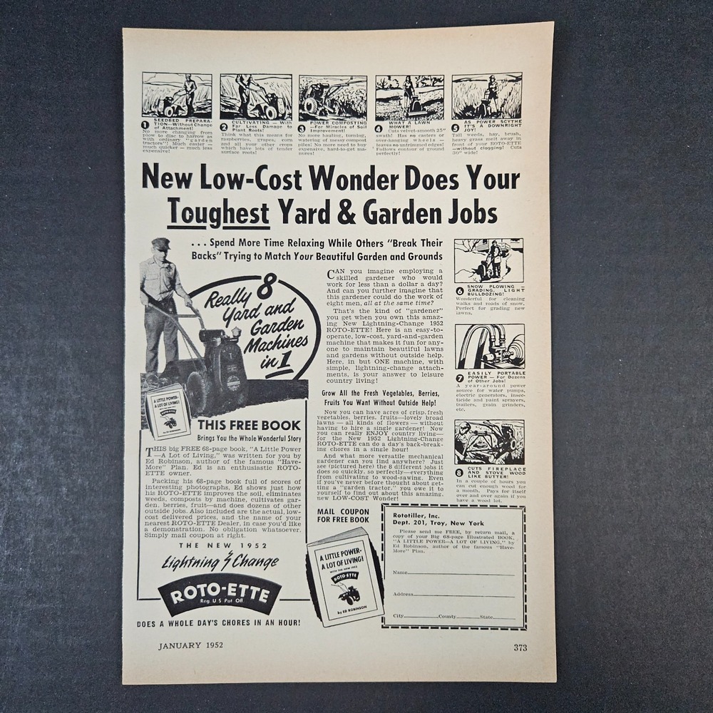 1952 Rototiller Lightning Change Roto-Ette 8-In-1 Vintage Print‎ Ad Troy NY Shop